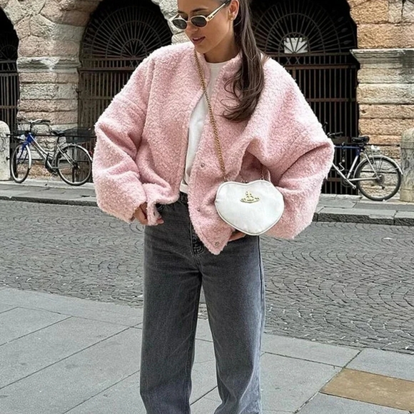 Pink Short Fur Jacket Coat For Women Autumn Winter Casual Stand Collar - Picture 5 of 9